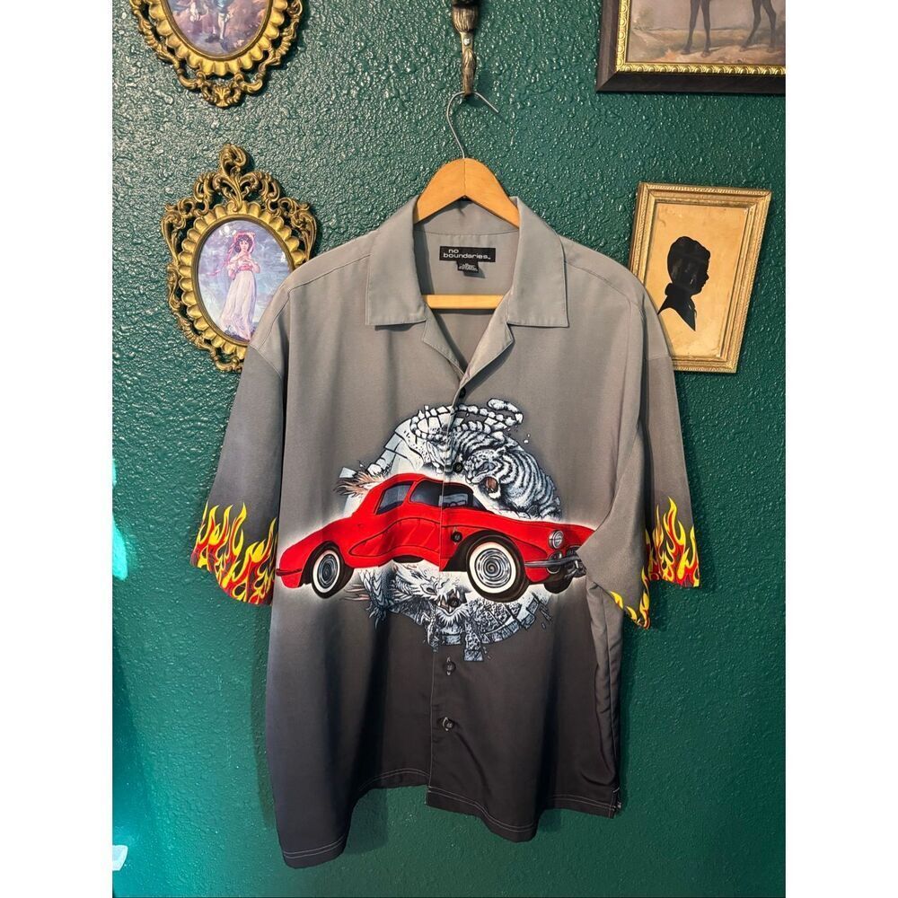Vintage Y2K Flame Fire Car Button Up Shirt XL